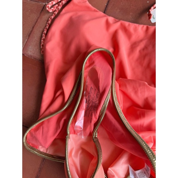 Sz M Aerie Coral / Peach Colorblock Cheeky One-Piece Swimsuit Gold Trim NWT - Picture 3 of 6